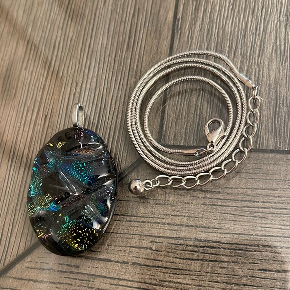 Dichroic Glass Quilted Glass Pendant & Chain - Picture 11 of 15